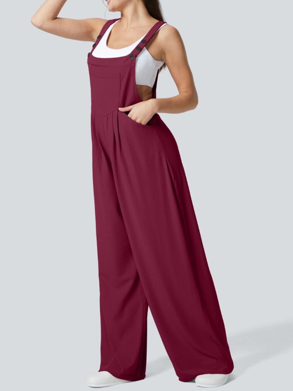 HALARA Maroon Pockets Waffle Knit Wide-Leg Lounge Overalls
